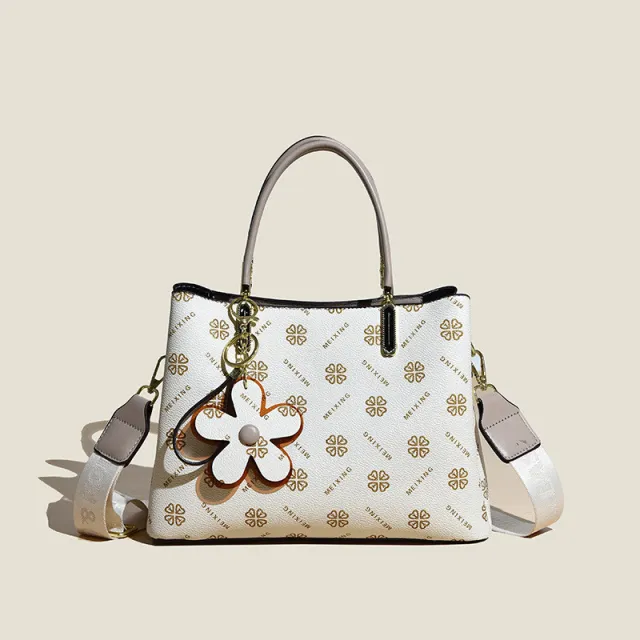 Printed Tote Bag With Flower Pendant New Temperament Shoulder Bag For Women Fashion Large capacity Crossbody Bag White - Shop at LoveMi