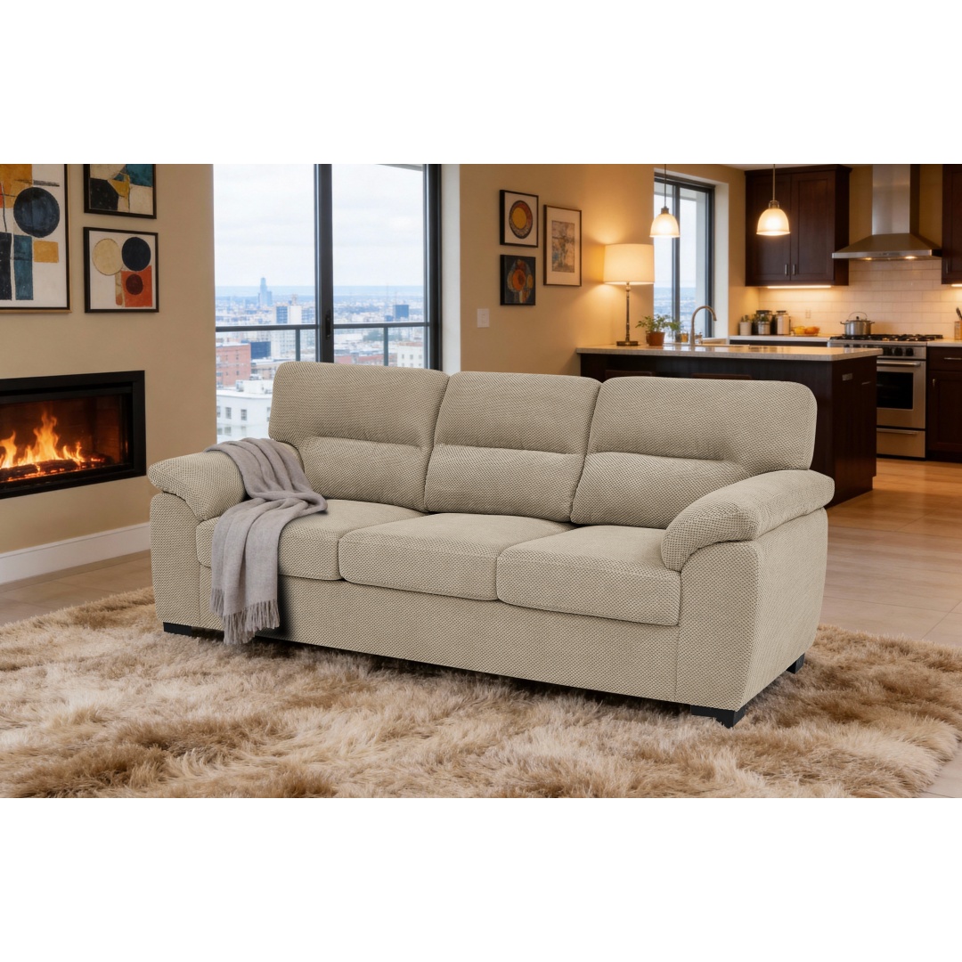 3-Seater Sofa,  Upholstered Couch, Modern Living Room Furniture, Textured Fabric Sofa, Minimalist Settee, Comfortable Armchair, Sturdy Frame Sofa