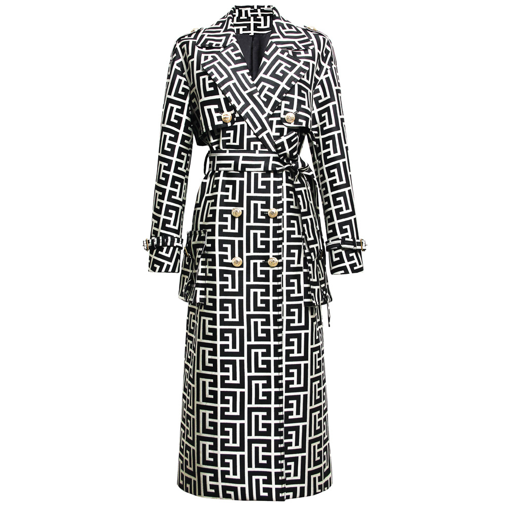 Printed Medium-long Black Trench Coat - Image 9