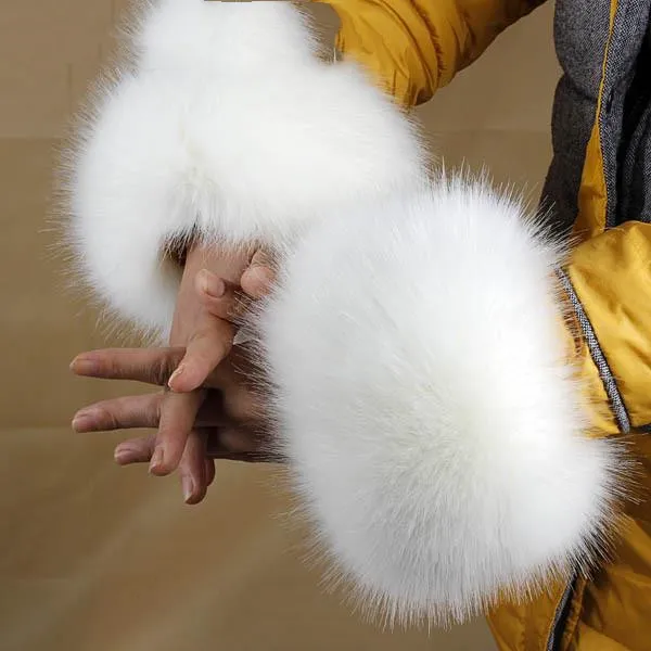 Women Furry Sleeve Cuffs Fox Short Wrist Bracelet White Imitated Fox Fur - Shop at LoveMi