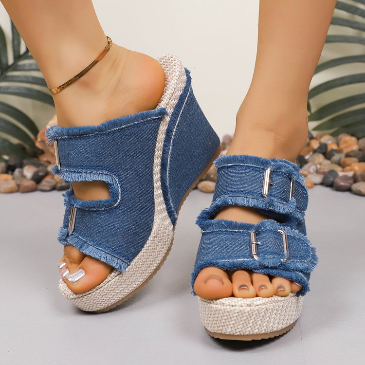 Plus Size Women's New Denim Slip-On Mule Sandals, Block Heel With Buckle Design, Summer Outdoor Casual Slippers