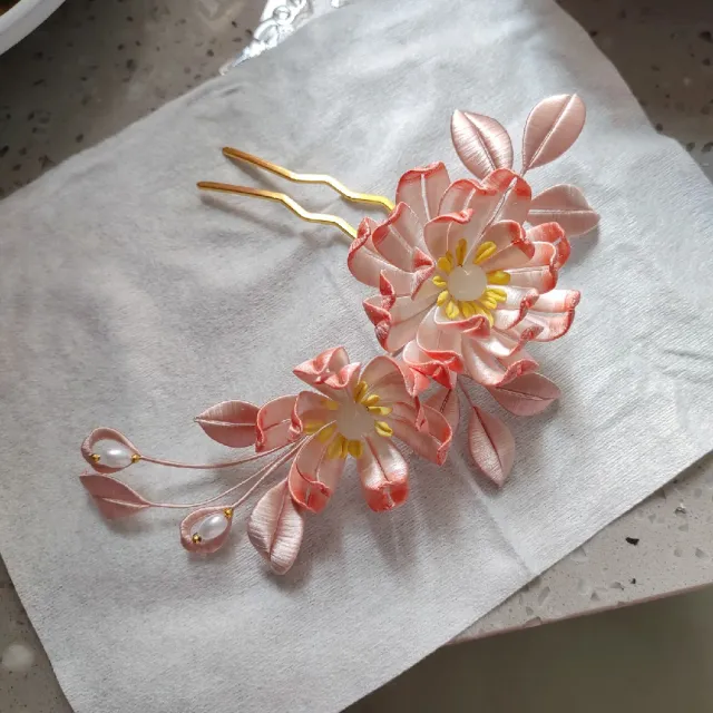 Original Bingdilian Hair Comb Hanfu Hair Adornment Headdress Finished Hairpin Pink Flower Powder Leaf - Shop at LoveMi