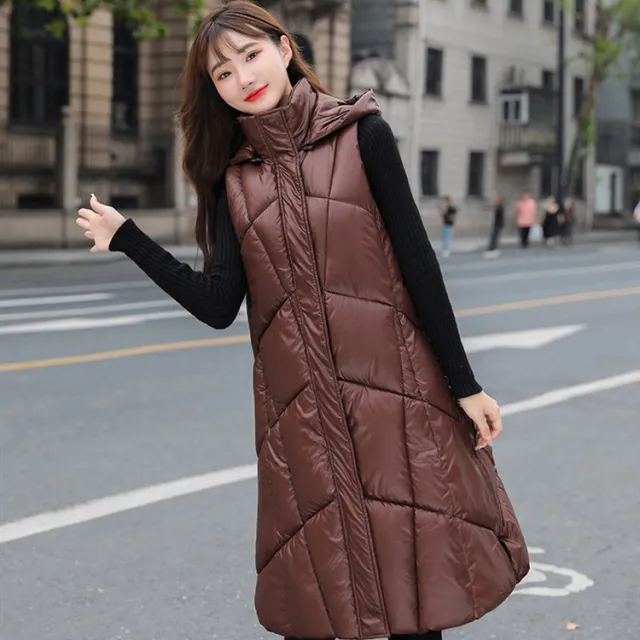 Korean Style Long Down Padded Jacket With Hooded Vest Coffee - Shop at LoveMi