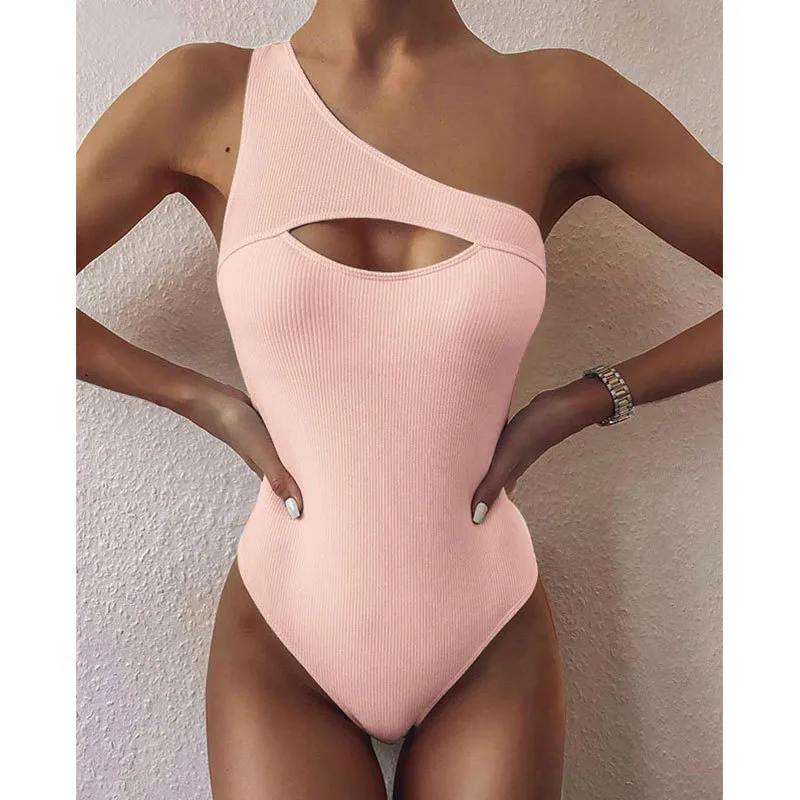 New Bikini Solid Color One-shoulder One-piece Swimsuit Women - Pink
