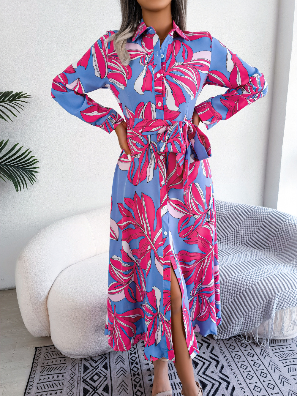 Women’s Floral Print Lapel Tie Waist Shirt Maxi Dress