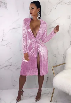 Deep V-neck Shiny Lace-up Long-sleeved Sexy Split Fringe Dress - Pink - View 1