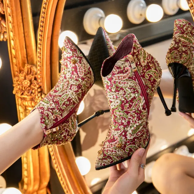 Pointed Toe Stiletto Ankle Floral Rhinestone Women's Boots Red - Shop at LoveMi