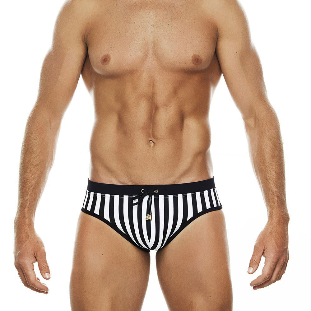 Men's Black And White Stripes Swim Briefs - Image 2