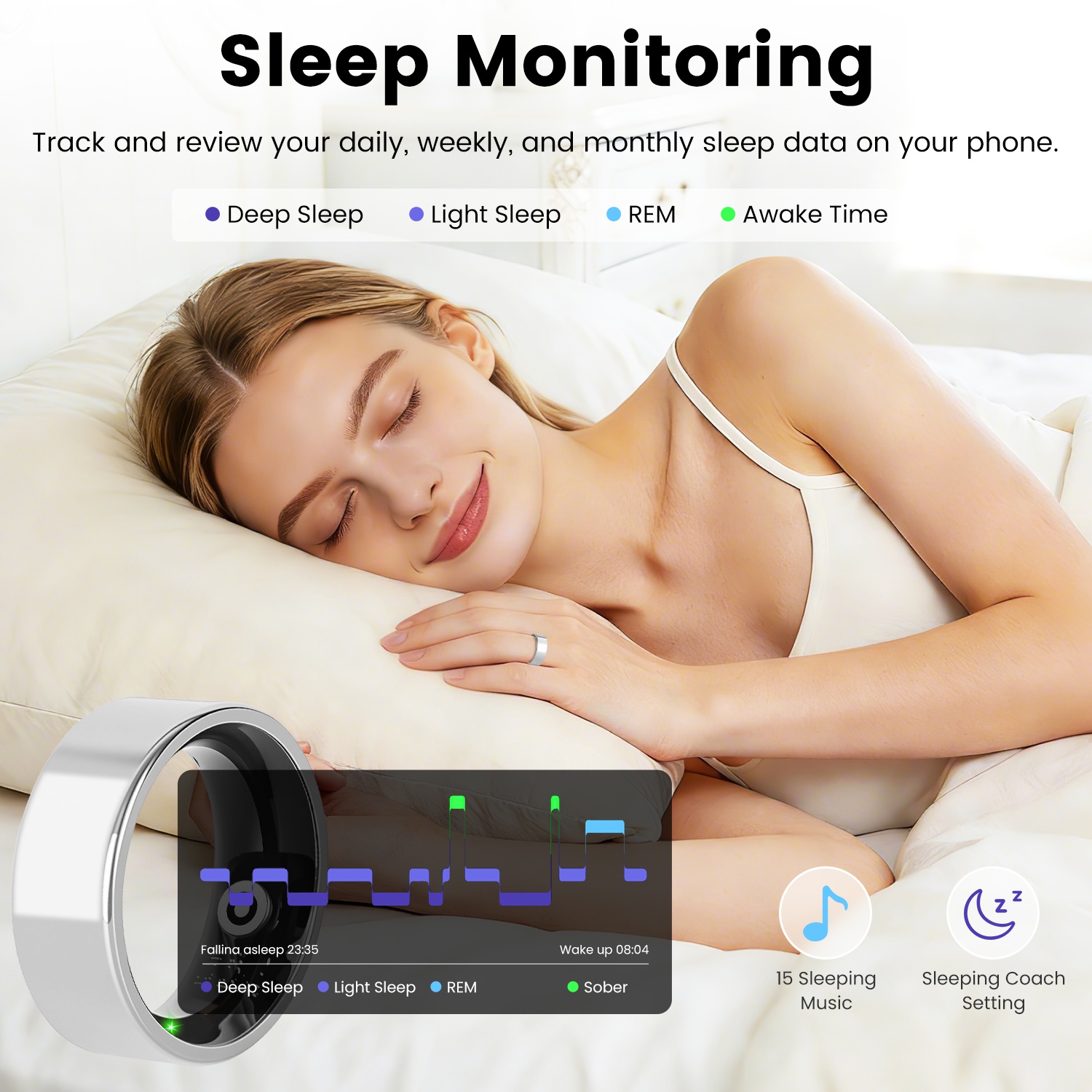 Smart Ring Health Tracker Fitness Sleep Stress HRV Tracker With Charging Case Magnetic Charging Cable For Women & Men Compatible With IOS & Android 7-Day Battery Life Size7 Size8 Size9 Size10