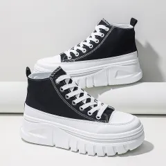 Women Lace-Up Front High Top Flatform Canvas Shoes - Black - View 1