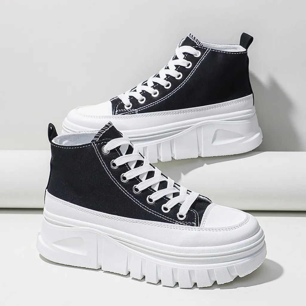 Women Lace-Up Front High Top Flatform Canvas Shoes - Black