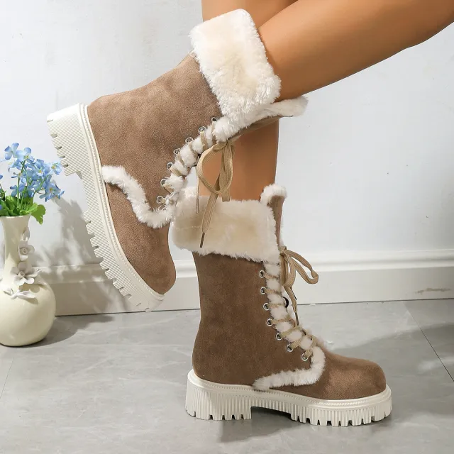 Winter Lace up Snow Boots For Women Mid tube Fleece Shoes Warm Chunky Heels Plush Boot Brown - Shop at LoveMi