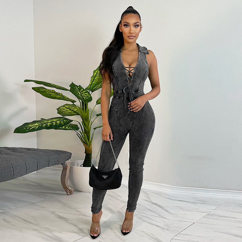 Women’s Suspenders Skinny Butt Lifter Jumpsuit With Lapel Straps