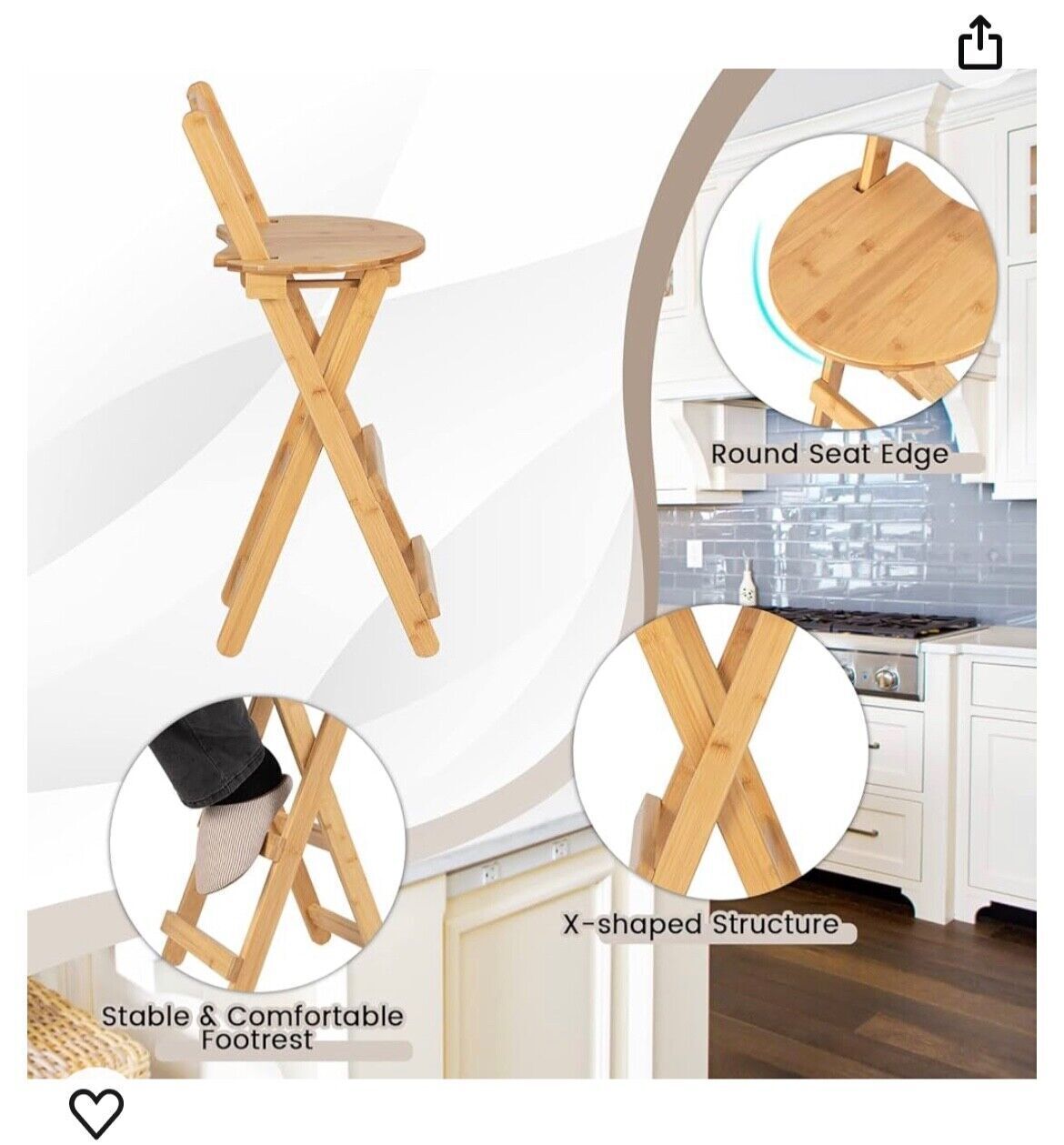 Wooden Folding Bar Stool Bamboo Kitchen Counter Height Stools With Backrest NEW — image 4