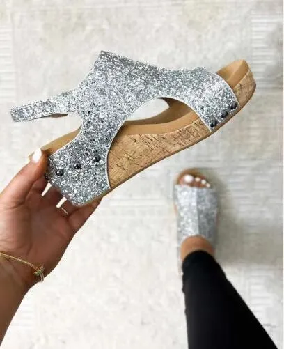 Summer Chunky Wedges Sandals Fashion Sequins Velcro Shoes Women Silver - Shop at LoveMi