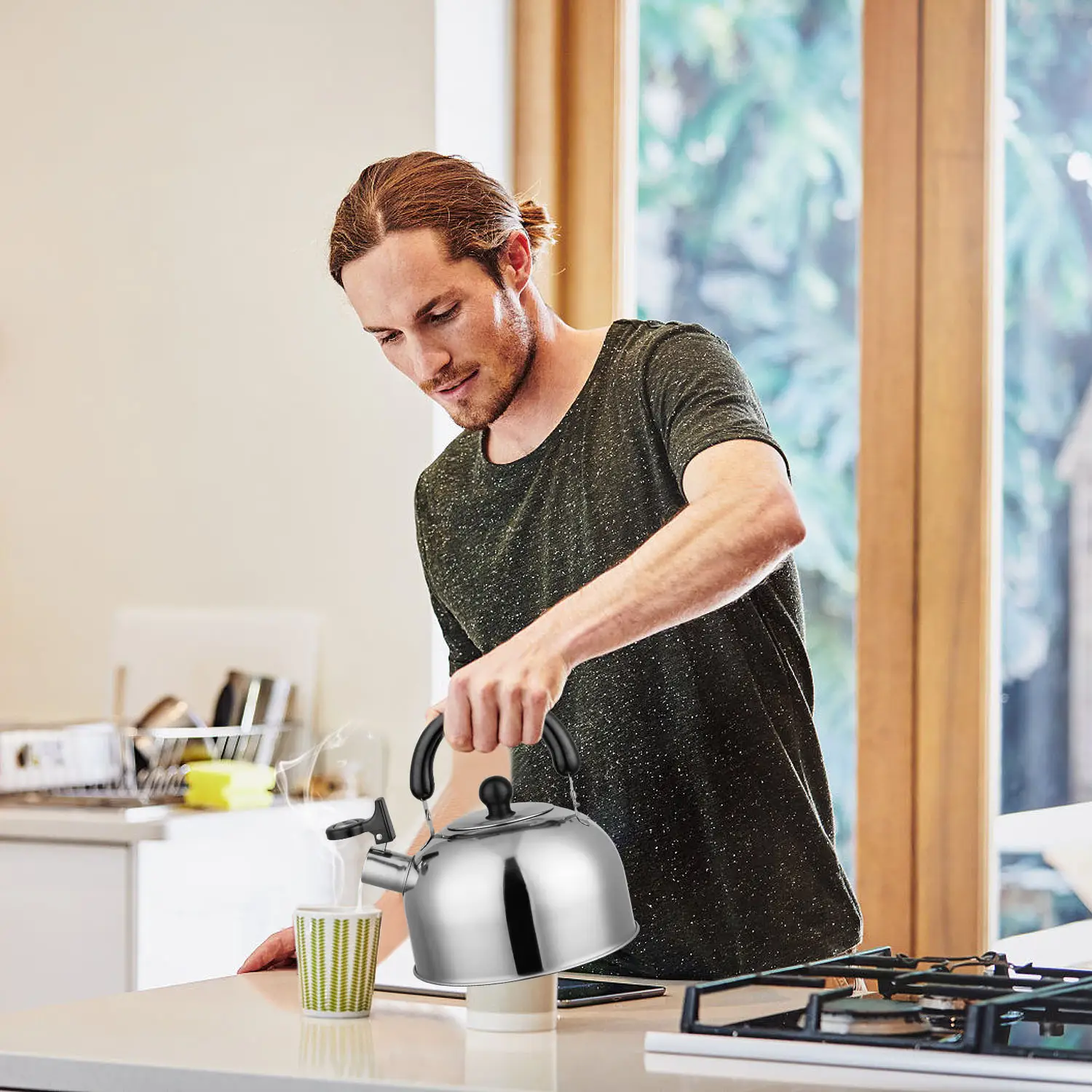 1Pc 2.1Quarts Stainless Steel Whistling Tea Kettle Stovetop Induction Gas Teapot With Insulated Handle Camping Kitchen Office