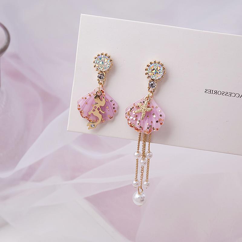 Hypoallergenic Silver Needle Mermaid Pearl Chain Stud Earrings