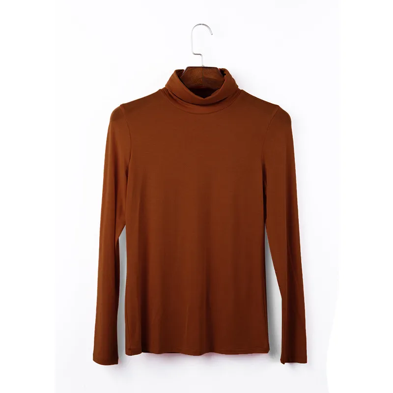 Oversize Women's Long Sleeved T-shirt Solid Color High Collar Modal Undercoat - Caramel-L