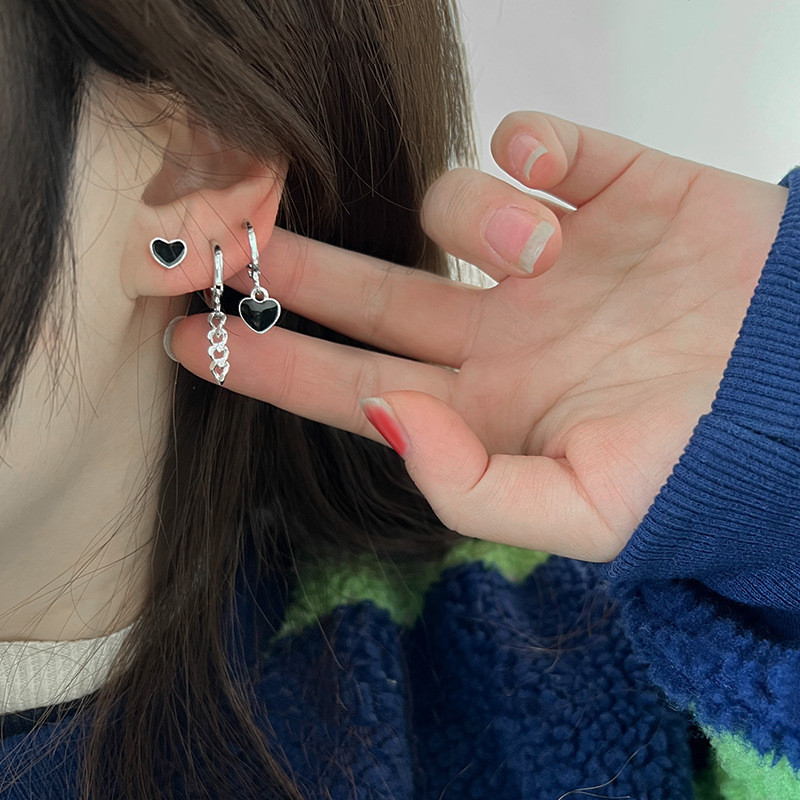 Sweet And Cool Six-piece Earring Set Black Heart
