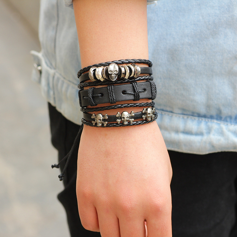 Fashion Real Cowhide Bracelet Skull Set
