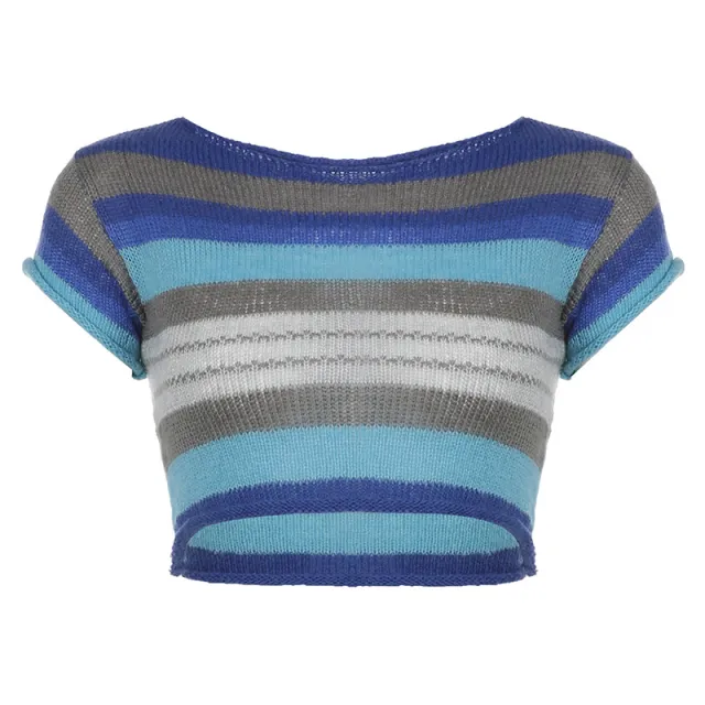 Thin White Blue Stripe Contrast Wool Short Sleeve Blue - Shop at LoveMi