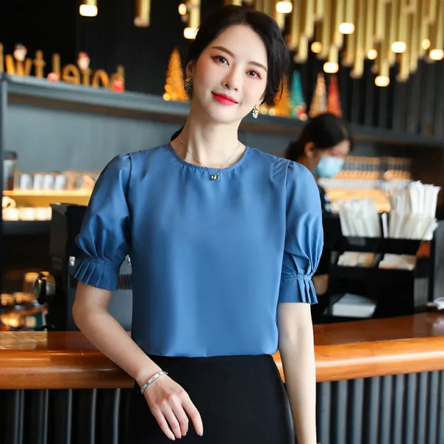 Women's Short Sleeve Clerk Work Clothes Slim Fit Blue - Shop at LoveMi