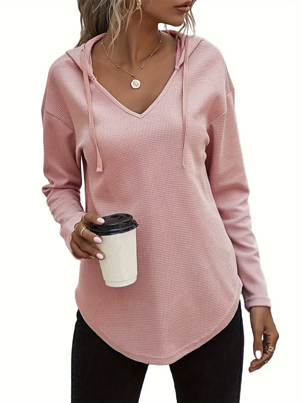 Elegant Beige Hanky Hem V-Neck Hoodie For Women - Pink