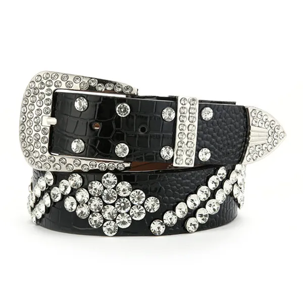 Fashionable And Versatile White Decorative Ladies Korean Jeans Wide Belt - Double Row Of Black