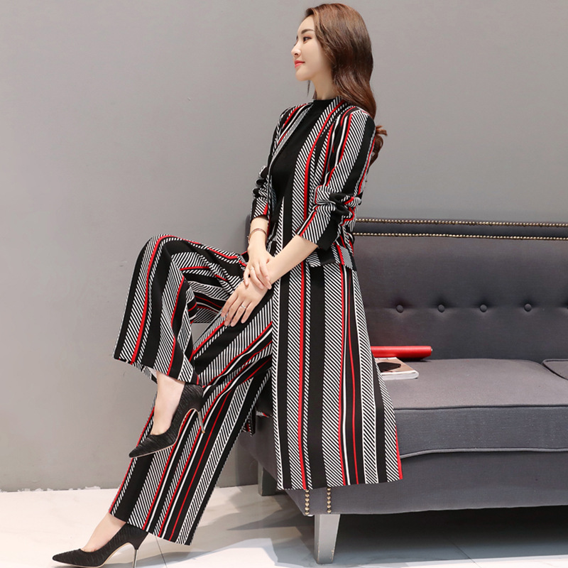 Women's Temperament Striped Trench Coat Wide Leg Pants Two-piece Set