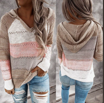 Color Blocking Hollowed Out Striped Hooded Knitted Long Sleeved Top
