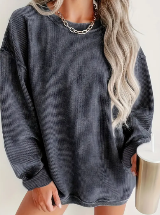 Solid Ribbed Pullover Sweatshirt