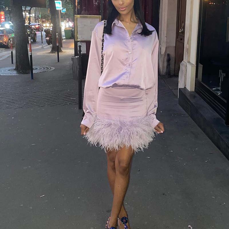 Long Sleeve Solid Satin Feather Decorative Shirt Skirt