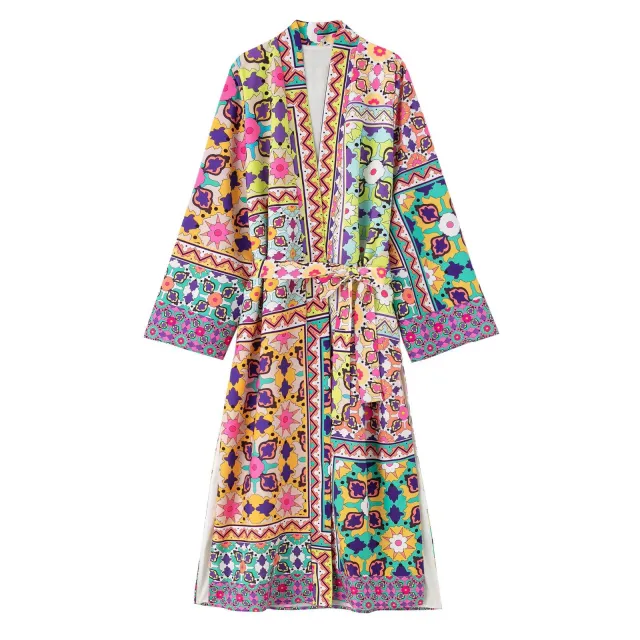 Printed Belt Embellished Long Dress For Women Printed Coat - Shop at LoveMi
