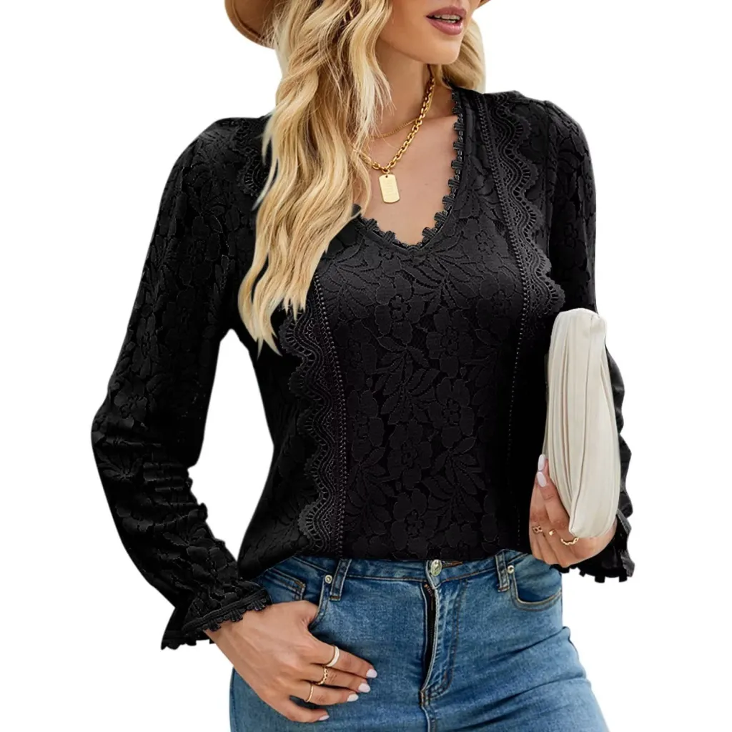 Hollow Long Sleeve Lace Top Woman - Black