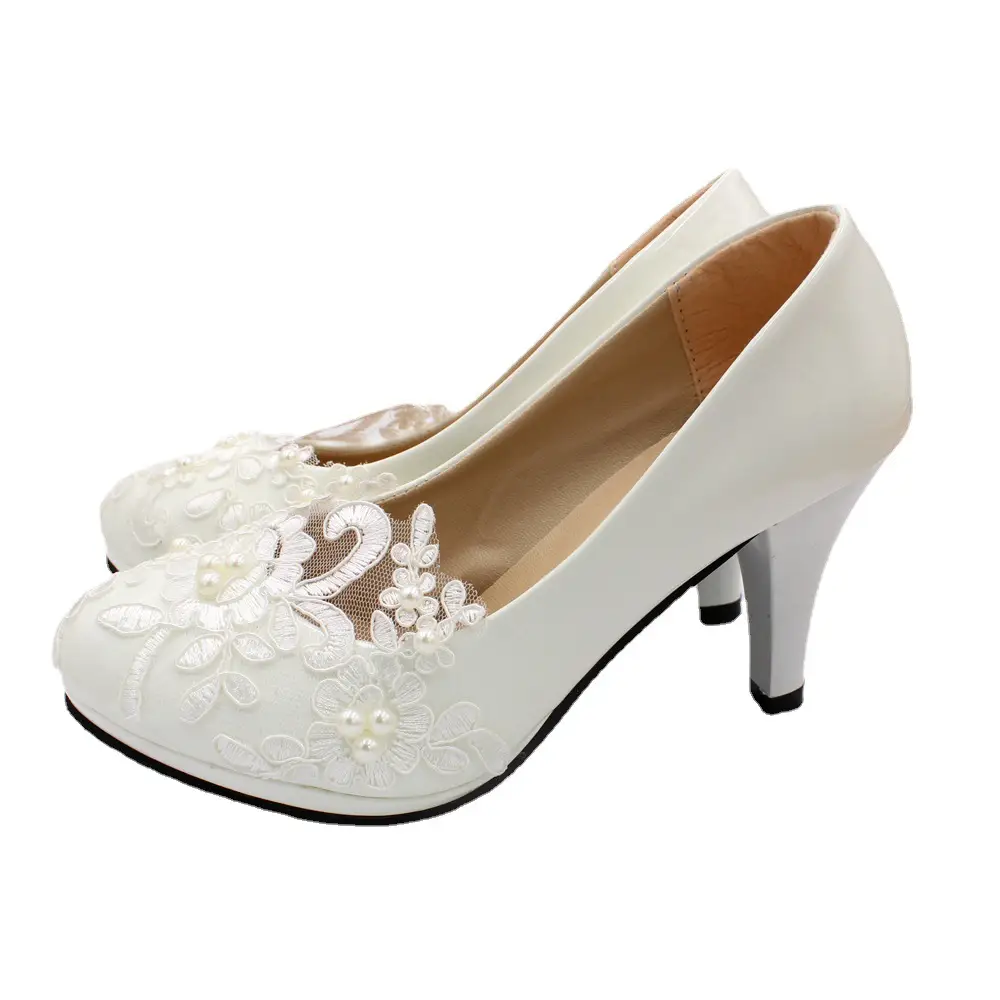 Women's Lace Wedding Shoes with Pearl Embellishments