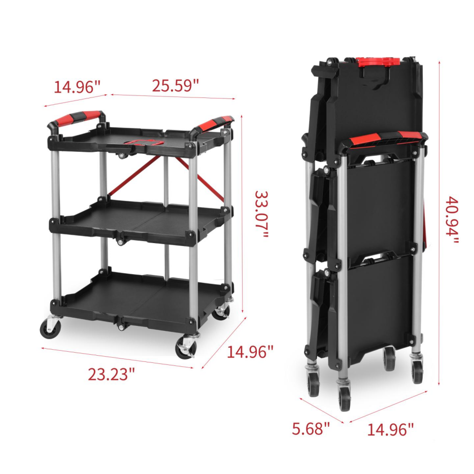 Foldable Utility Service Cart, 3 Shelf Heavy Duty Plastic Rolling Cart With... 6