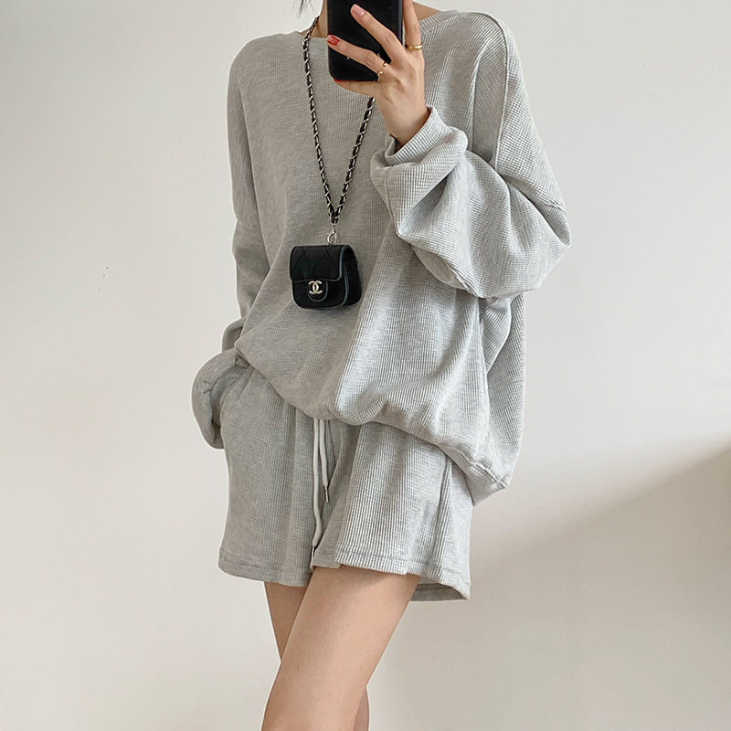 Waffle Long Sleeve Pullover Navy Blue Fried Street Sweatshirt Set