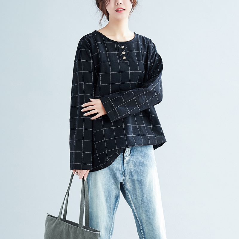 New Women's Plaid Round Neck Loose And Thin Cotton T-shirt Top