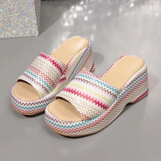 Fashion Colorful Wave Print Wedges Sandals Summer Outdoor High Heel Slippers Thick Bottom Shoes For Women Beige - Shop at LoveMi