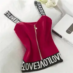 Short English Letter Knit Halter Pearl Zipper Small Vest - Red - View 1