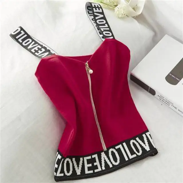 Short English Letter Knit Halter Pearl Zipper Small Vest Red - Shop at LoveMi