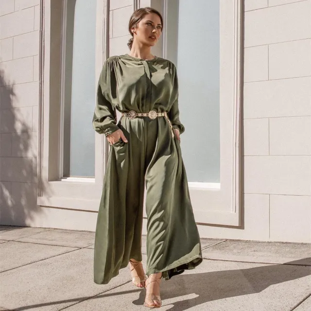 Plus Size Solid Casual Women Thicken Satin Long Sleeve Wide Leg Jumpsuit Green - Shop at LoveMi