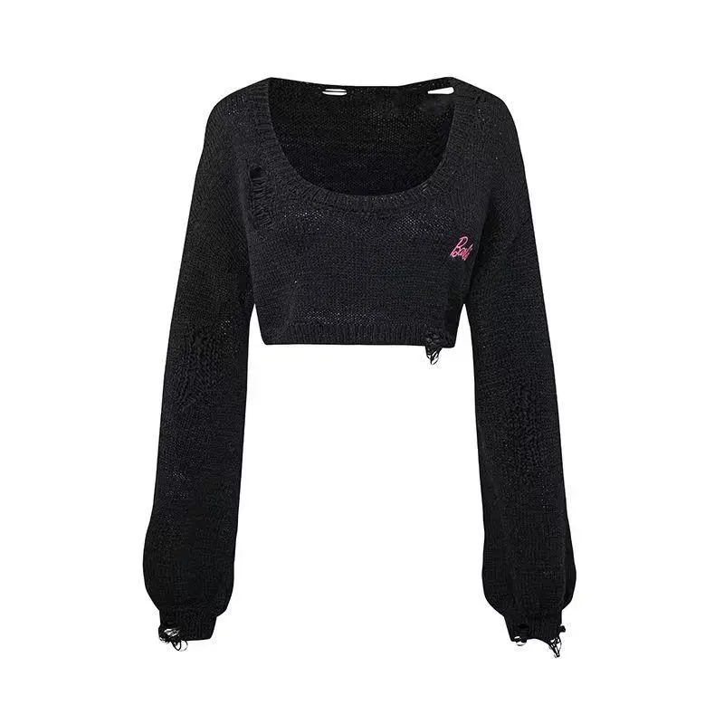 Sweet And Spicy Hollow Hole Short Sweater Girl - Black
