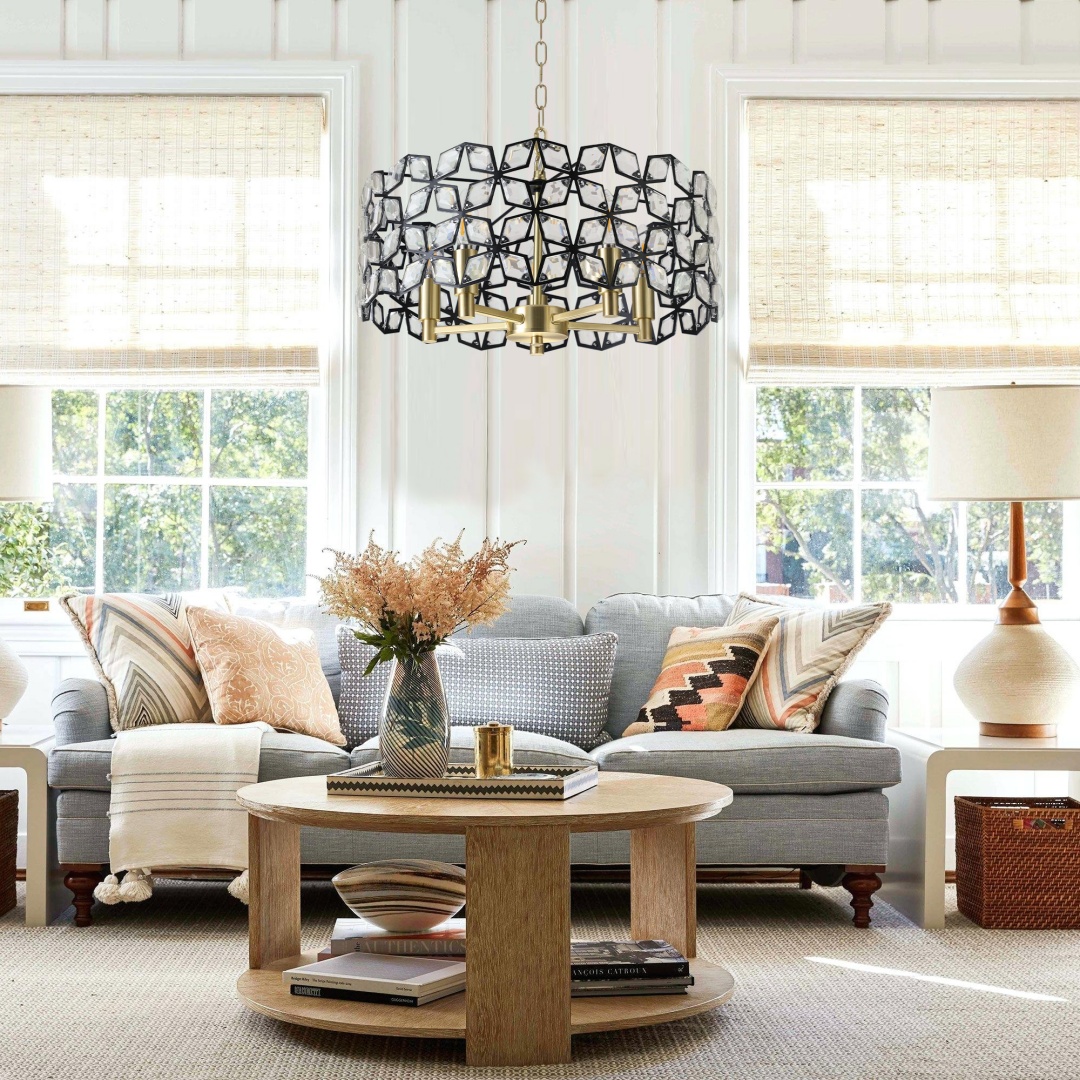 19 Geometric Crystal And BlackGold Round Pendant Chandelier - Modern 5-Light Fixture For Dining Room, Living Room, Or Kitchen Bulb Not Included_voghion.com