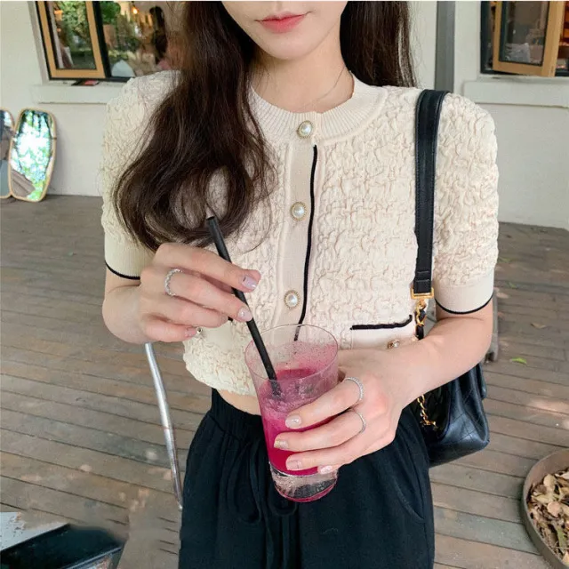 Elegant Temperament Small Fragrance Ice Silk Pullover Round Neck Texture Knit Sweater Women Summer Short Top T shirt Apricot - Shop at LoveMi