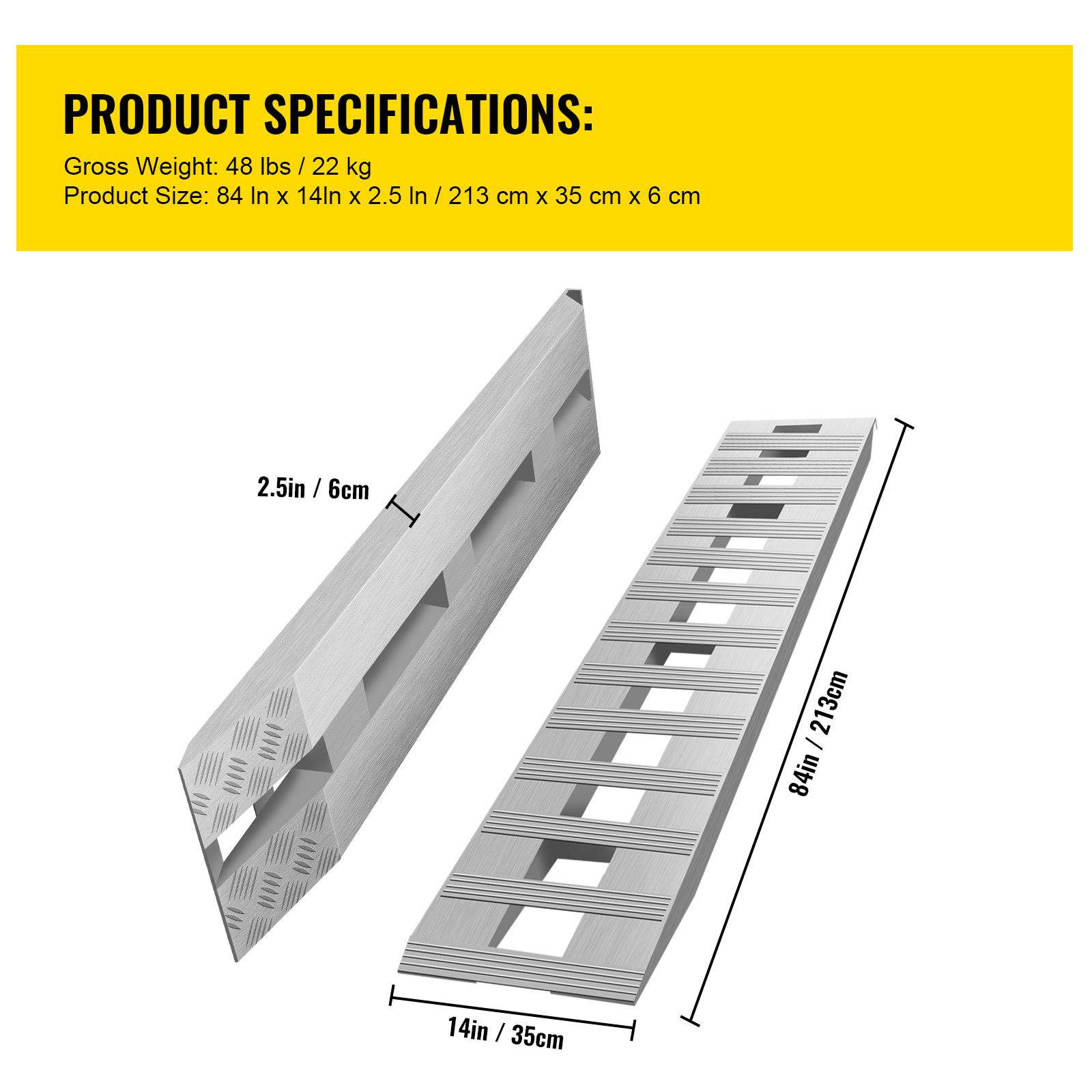 VEVOR 84-inch ramps showing full-length extruded aluminum tread pattern grip in wet conditions