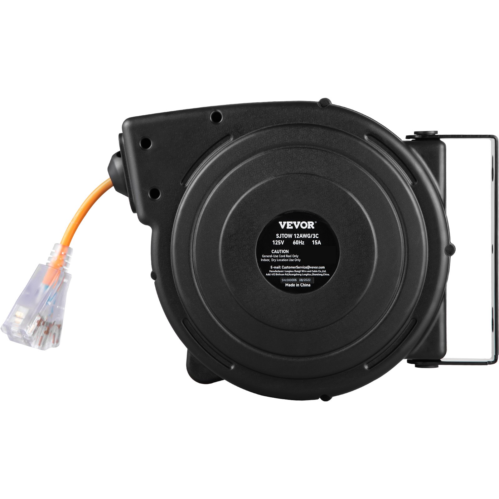VEVOR Retractable Extension Reel, Heavy Duty 12AWG 3C SJTOW Power Cord 45 FT 12AWG, Black image 7