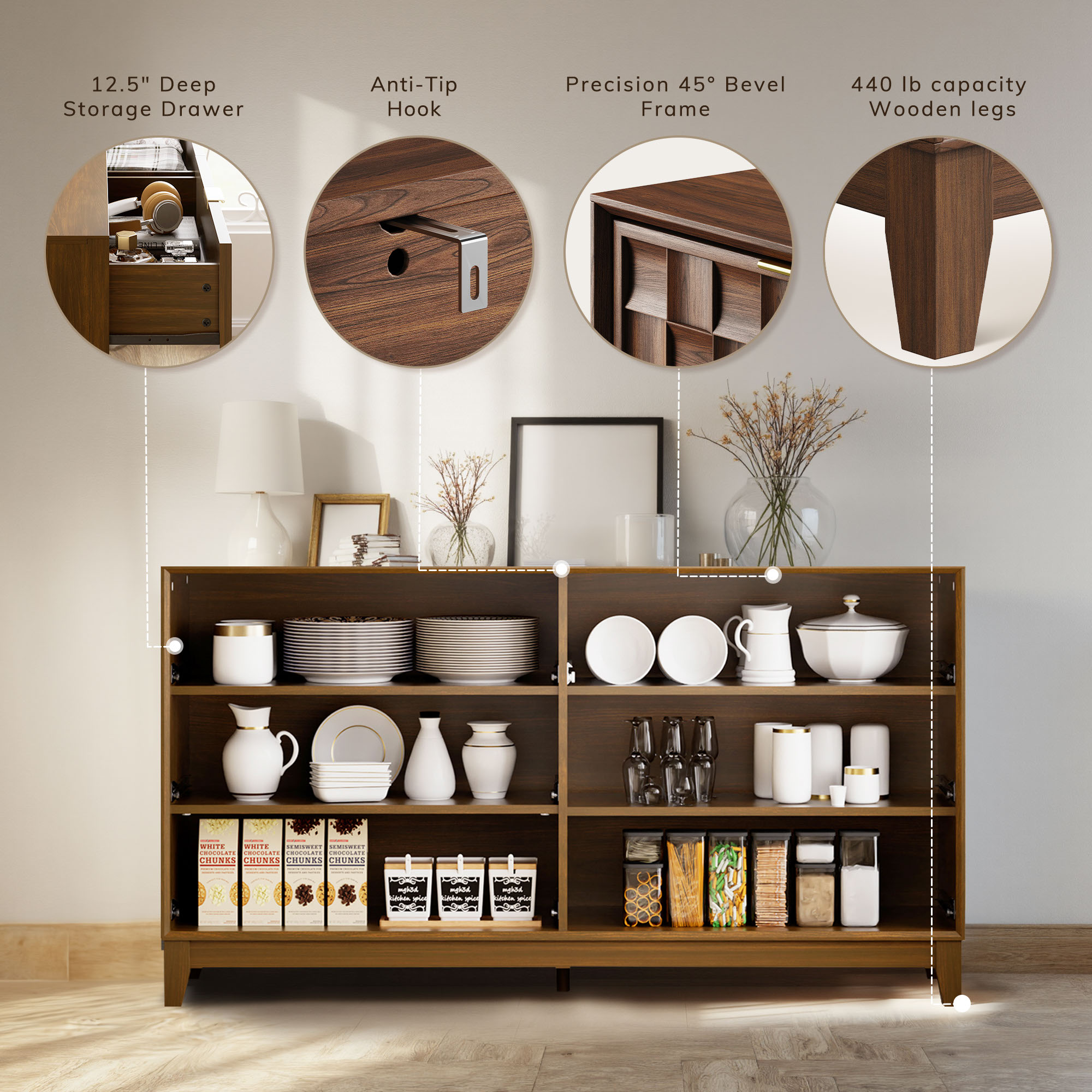 Modern Wooden 6 Drawer Dresser 55in, Side Board Buffet Storage Cabinet, Accent Cabinet With Metal Handles, Oak