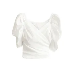 Graceful Puff Sleeve Chiffon Lace-up Shirt Design French Chic V-neck Slim-fit Crop-top - White - View 1