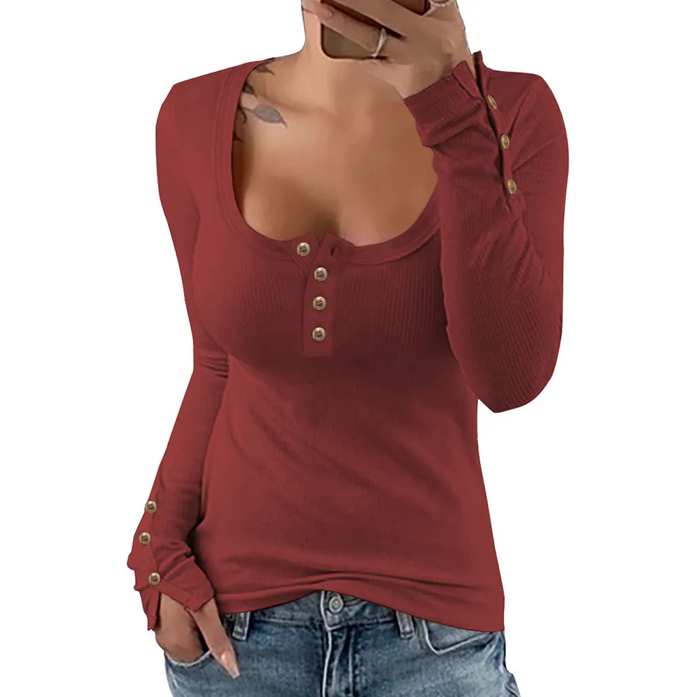 Solid Color Slim Square Neck Knitted T-shirt For Women - Lc25137832203-2Xl